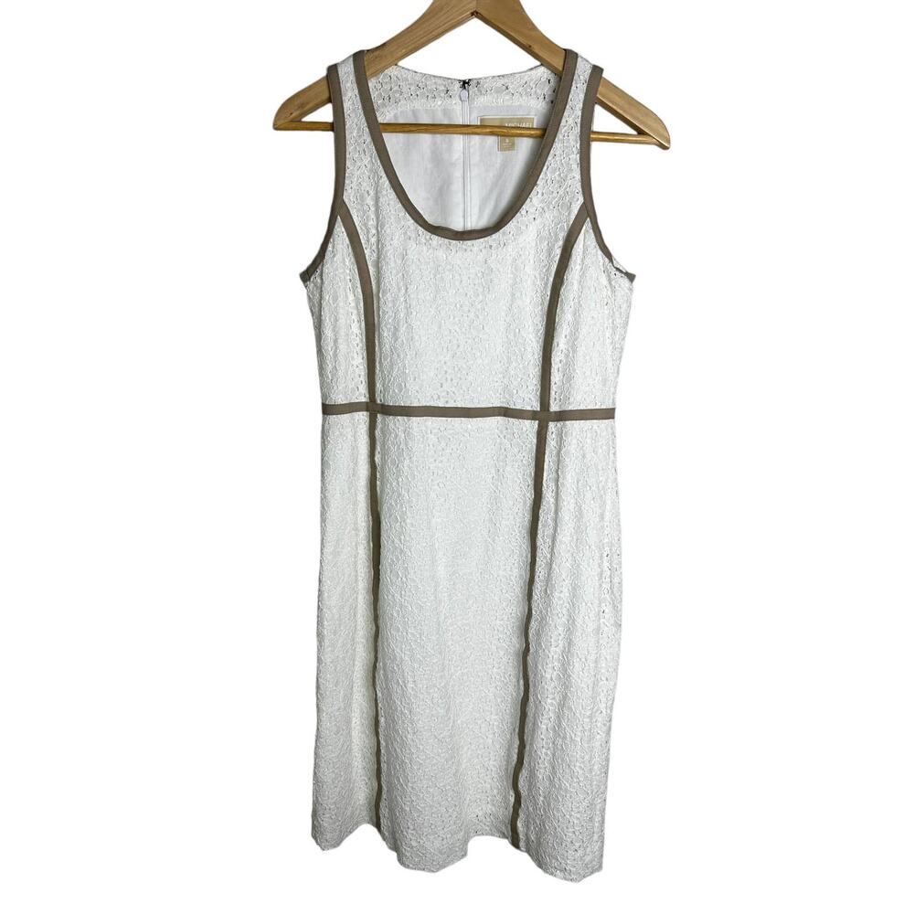 Michael Kors White Floral‎ Lace Tan Trim Shift Dress Women's SZ 6